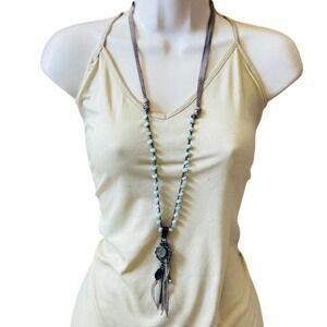 Amazonite Necklace Brass charm Genuine Beaded long Y2K blue beads BOHO 40"